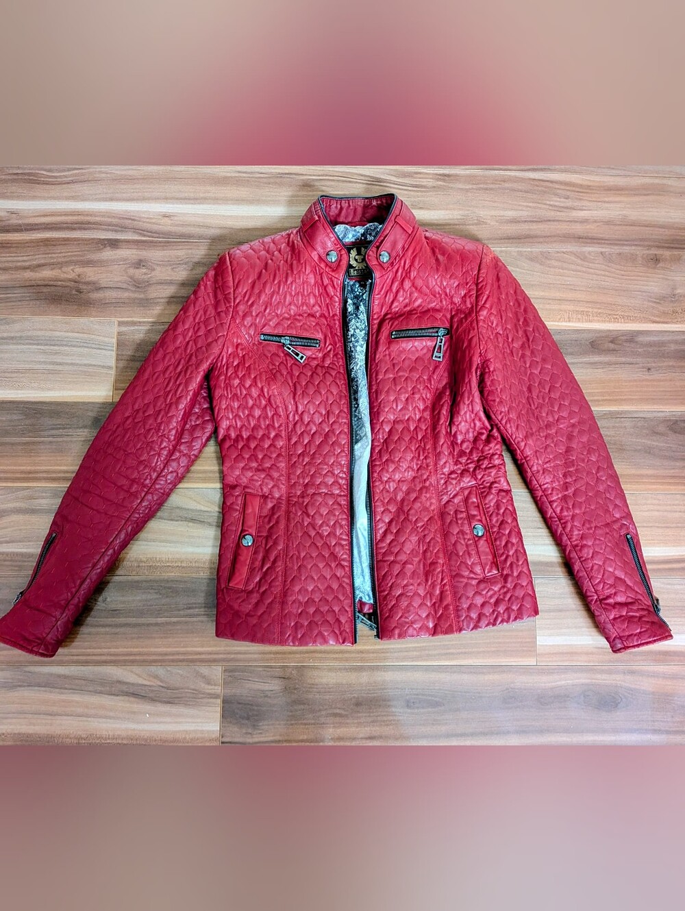 Red Genuine Leather Quilted Biker Moto Jacket Paisley Lining - Size M